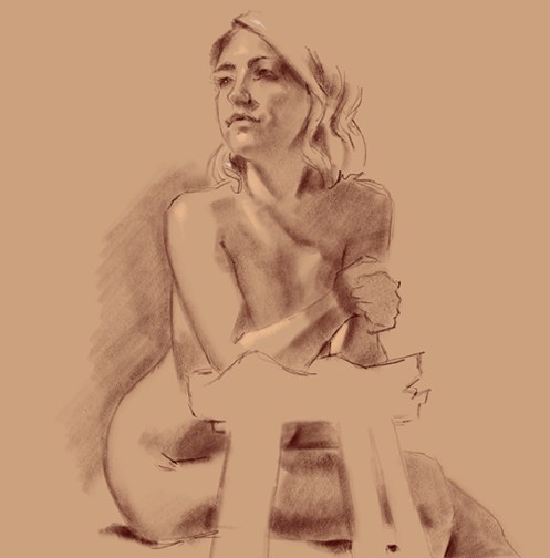 figure study female model leaning forward on stool